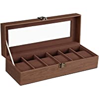 SONGMICS Caja de Relojes de 6 Ranuras- con Tapa de Vidrio y Soporte de Almacenamiento- como Regalo- Cuero Sintético- con…